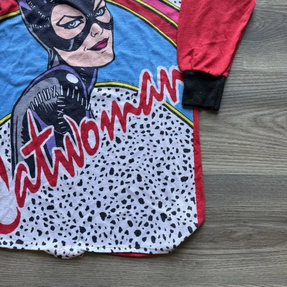 Vintage 90s Catwoman Pajama Dress Shirt Youth Girls Size Small AOP DC Comics USA